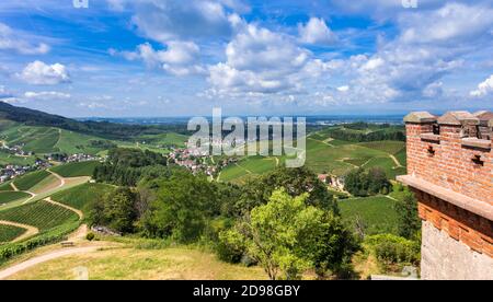 View from Staufenberg Castle to the Rhine Valley with grapevines near the village of Durbach in the Ortenau region Baden, Baden Wuerttemberg, Germany Stock Photo