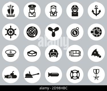 Navy Icons Black & White Flat Design Circle Set Big Stock Vector