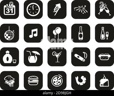 New Years Eve Or New Years Party Icons White On Black Flat Design Set Big Stock Vector