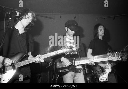 Andrew Sherriff, Simon Rowe & Russell Barrett of  shoegazing/alternative rock group Chapterhouse, on stage at The Wellhead Inn, Wendover, UK, 06/04/91 Stock Photo