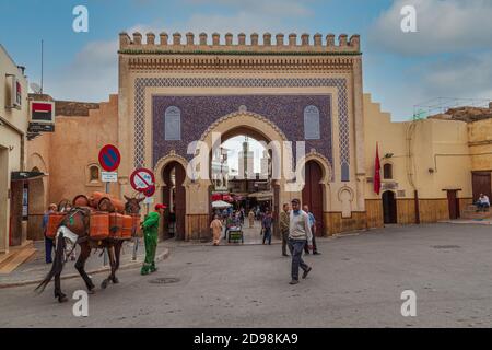 The blue gate Bab Abi al-Jounoud or Bab Bou Jeloud is an ornate city gate and the main western entrance to Fes el Bali, the old city of Fez, Morocco Stock Photo