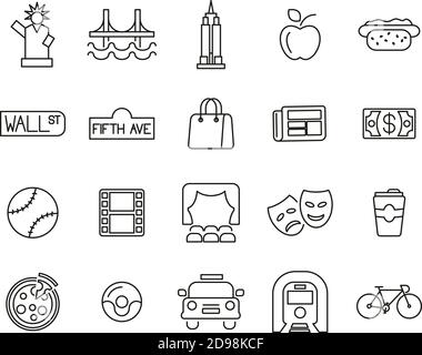 New York City & Culture Icons Black & White Thin Line Set Big Stock Vector