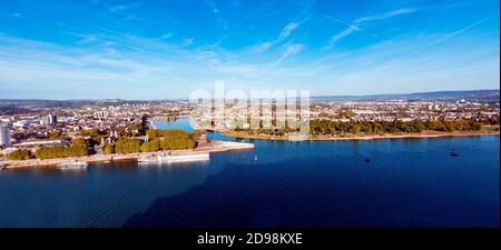 Deutsches Eck, German Corner, the confluence of the Rhine and Moselle rivers with the equestrian statue of Kaiser Wilhelm in Koblenz, Rhineland-Palati Stock Photo