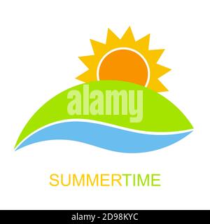 Summertime icon vector. Sunrise over hill and river Stock Vector