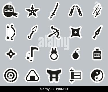 Ninja & Ninja Equipment Icons Black & White Sticker Set Big Stock Vector