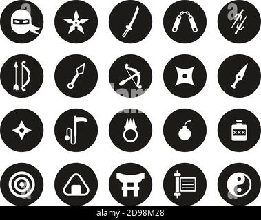 Ninja & Ninja Equipment Icons White On Black Flat Design Circle Set Big Stock Vector
