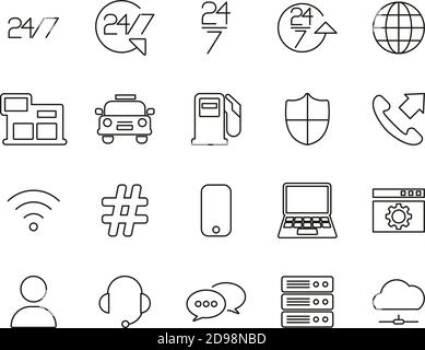 Nonstop Service or 24/7 Service Icons Black & White Thin Line Set Big Stock Vector