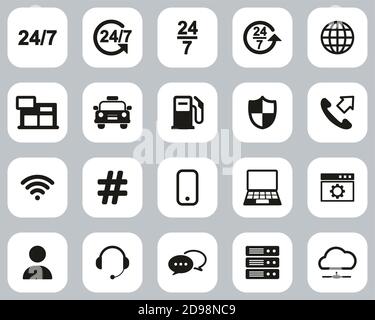 Nonstop Service or 247 Service Icons Black & White Flat Design Set Big Stock Vector