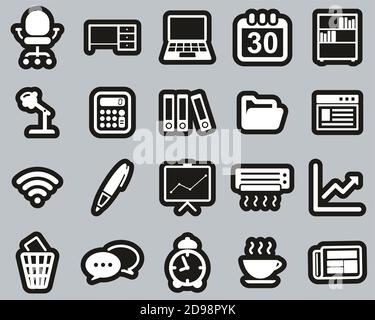 Office & Office Equipment Icons White On Black Sticker Set Big Stock Vector