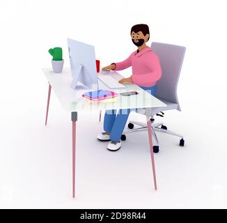 Cute man with beard is sitting at the desk with computer. Freelancer, office worker, manager, is in working process. 3d render illustration isolated o Stock Photo