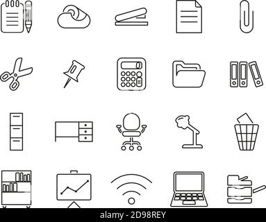 Office Supplies Icons Black & White Thin Line Set Big Stock Vector