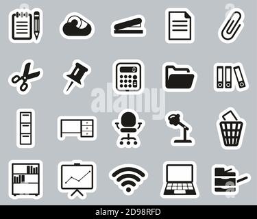 Office Supplies Icons Black & White Sticker Set Big Stock Vector
