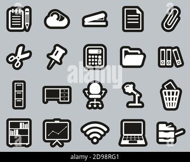 Office Supplies Icons White On Black Sticker Set Big Stock Vector