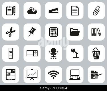 Office Supplies Icons Black & White Flat Design Set Big Stock Vector