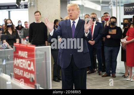 Arlington, United States. 03rd Nov, 2020. United States President Donald J. Trump visits campaign workers at the RNC Annex in Arlington, Virginia on Election Day, Tuesday, November 3, 2020.Credit: Chris Kleponis/Pool via CNP Credit: UPI/Alamy Live News Stock Photo