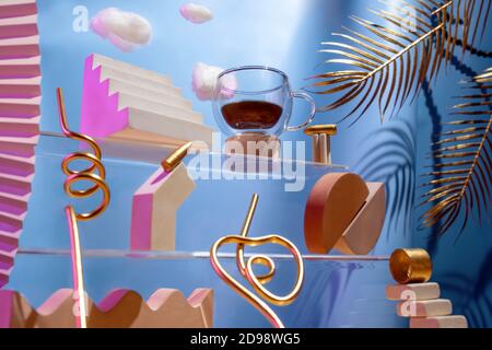 Futuristic composition on the theme of coffee, various figures, bullets, clouds on the stairs on a blue background, the concept of energy charge Stock Photo