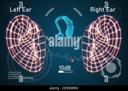 Graphic showing a hearing aid and the human ears during hearing tests. Mixed media technique. Stock Photo