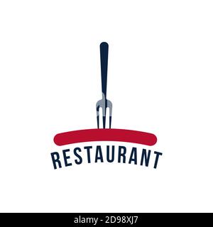Fork stuck in sausage. Isolated icon on white background. Vertical flat cartoon style vector logo concept for restaurant and bbq Stock Vector