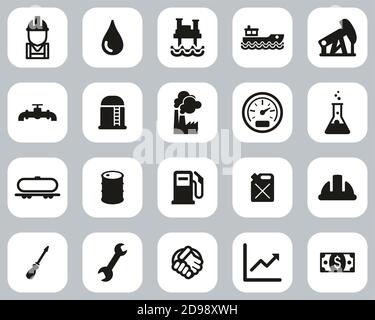 Oil Industry Or Offshore Oil Platform Icons Black & White Flat Design Set Big Stock Vector