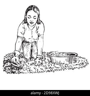 Young housewife cleaning the carpet with brush in gloves, hand drawn doodle, sketch, black and white illustration Stock Photo