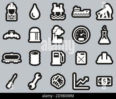 Oil Industry Or Offshore Oil Platform Icons White On Black Sticker Set Big Stock Vector