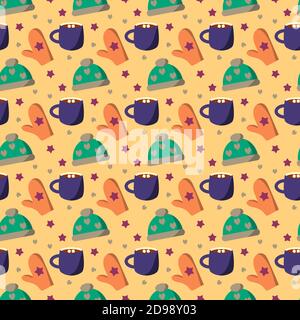 Seamless winter pattern on yellow background with heart star cup mitten and hat Stock Vector