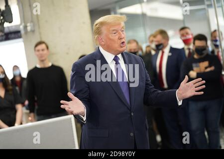 Arlington, Virginia, USA. 03rd Nov, 2020. United States President Donald J. Trump visits campaign workers at the RNC Annex in Arlington, Virginia on Election Day, Tuesday, November 3, 2020.Credit: Chris Kleponis/Pool via CNP /MediaPunch Credit: MediaPunch Inc/Alamy Live News Stock Photo