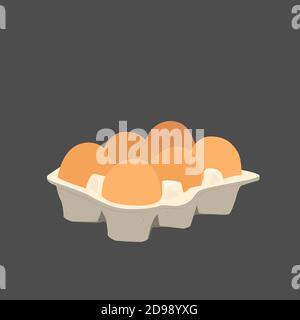 Six chicken eggs in a carton box. Vector flat illustration on black background. Stock Vector