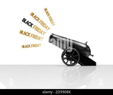 Circus cannon shooting text Black Friday, 3d illustration Stock Photo