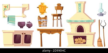 Old furniture of rural russian kitchen with oven, samovar, table, chair and grip. Vector cartoon interior set of traditional ukrainian ancient house with stove isolated on white background Stock Vector