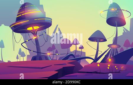 Fantasy landscape with magic glowing mushrooms and plants. Vector cartoon illustration of fantastic alien nature with giant toadstools and mountains. Mystic outdoor scene with funguses Stock Vector