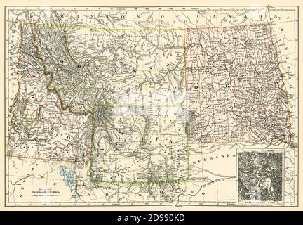 Map of Dakota Territory, Montana, Idaho, and Wyoming, 1870s. Color lithograph Stock Photo