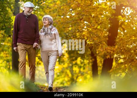 Happy senior couple spending time together in beautiful city park in autumn Stock Photo