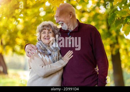 Happy senior couple spending time together in beautiful city park in autumn Stock Photo