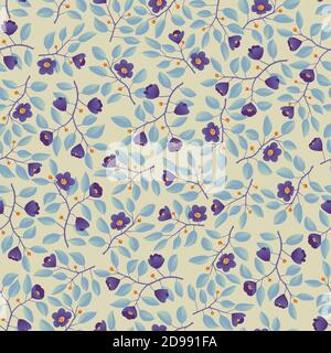 Floral background - seamless pattern, branches with leaves and purple flowers on light grey. Vector illustration, design for wallpaper, textile, fabric, wrapping. Stock Vector