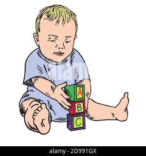 Beautiful baby learning while playing with a b c blocks, hand drawn doodle, isolated color sketch in pop art style Stock Photo