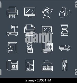 Office devices vector line icons set. Printers, Copiers, Computers ...
