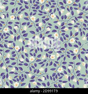 Floral background - seamless pattern, branches with purple leaves and light cream flowers on pistachio. Vector illustration, design for wallpaper, textile, fabric, wrapping. Stock Vector