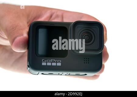 PIATRA NEAMT, ROMANIA - SEPTEMBER 18, 2020: Hand holding compact action camera, Gopro 9 Black model Stock Photo
