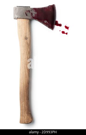 Bloody ax isolated on white background. Stock Photo