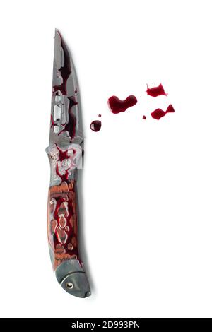 Bloody folding knife isolated on white background. Stock Photo