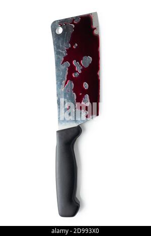 Bloody ax isolated on white background. Stock Photo
