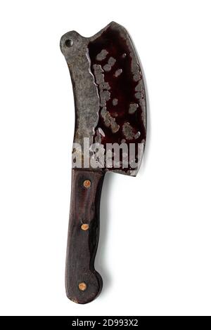 Bloody ax isolated on white background. Stock Photo