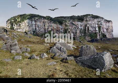 A fantasy vision of the Jurassic period with giant pterodactyls flying over a strange table mountain. It includes Castle Rock, Anglesey and Snowdonia. Stock Photo