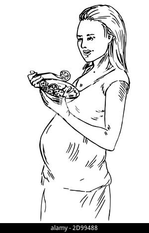 Pregnant woman is standing and eating salad, hand drawn doodle, sketch illustration Stock Photo