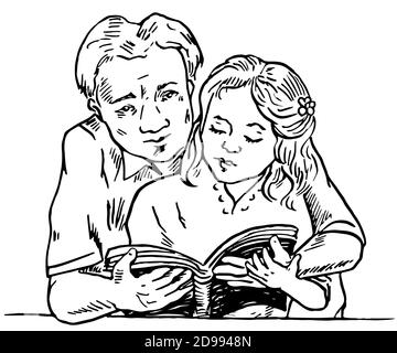 Father learning daughter to read, holding book together, hand drawn doodle, sketch illustration Stock Photo