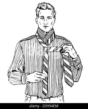 Young man in striped shirt tie a tie, hand drawn doodle, sketch black and white  illustration Stock Photo