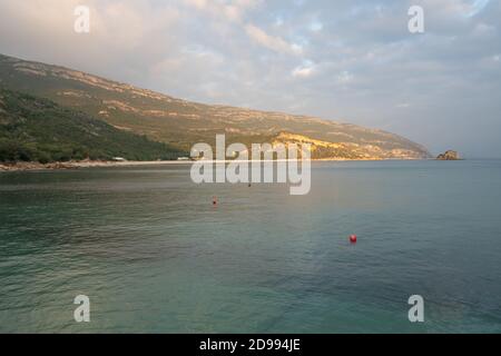 Sea landscape of turquoise idylic water in Portinho da Arrabida, Portugal Stock Photo