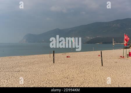 Figueirinha beach in Arrabida park on a cloudy day, in Portugal Stock Photo