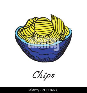 Chips, outline colorful doodle drawing with inscription, pop art style Stock Photo